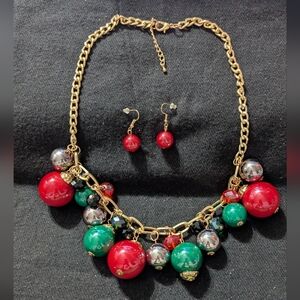 Gold Tone Red Green Silver Black Beaded Statement Necklace and Earrings Set